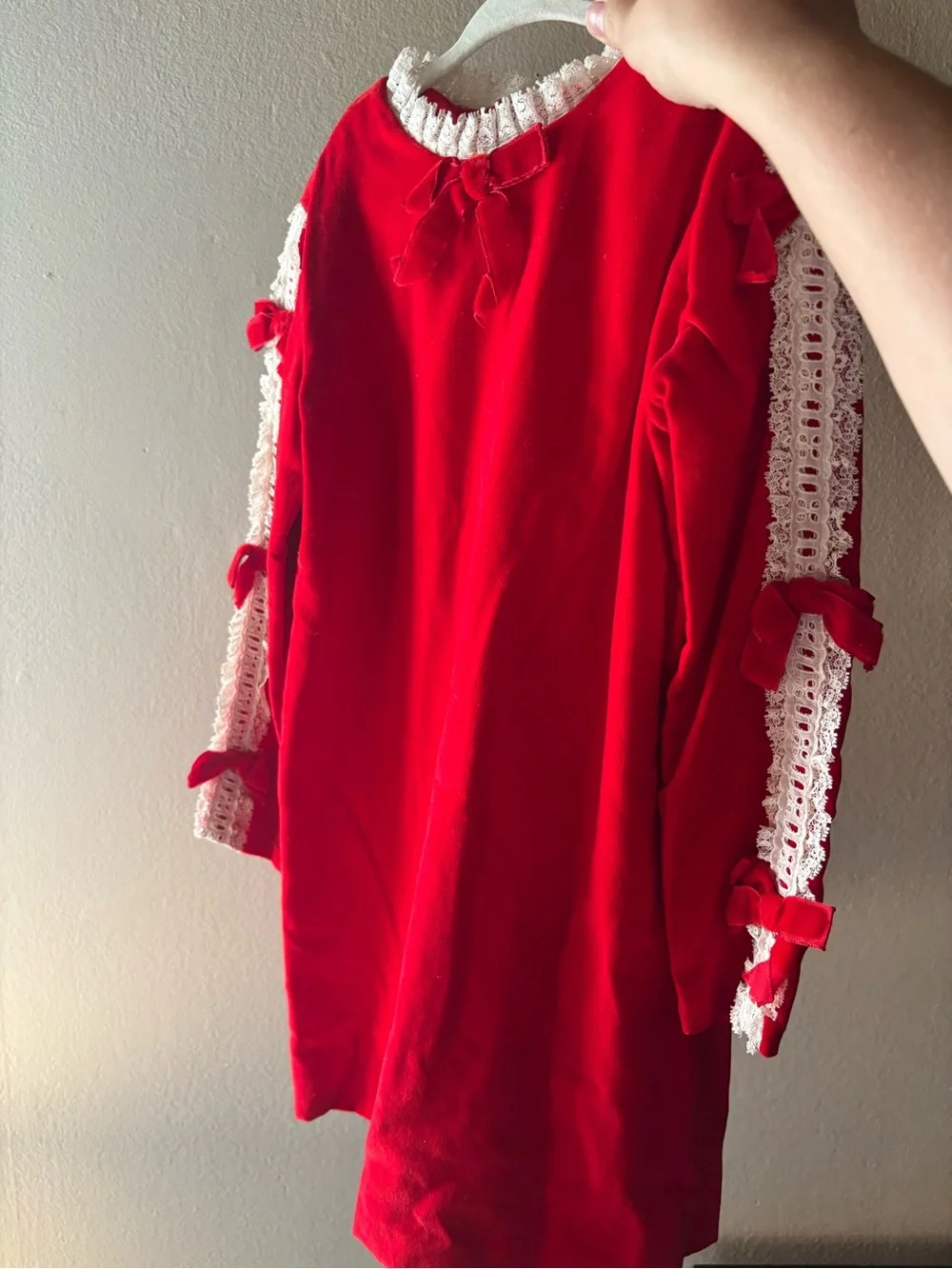 Genuine Vintage Red Velvet Lace-Trim Bow Dress